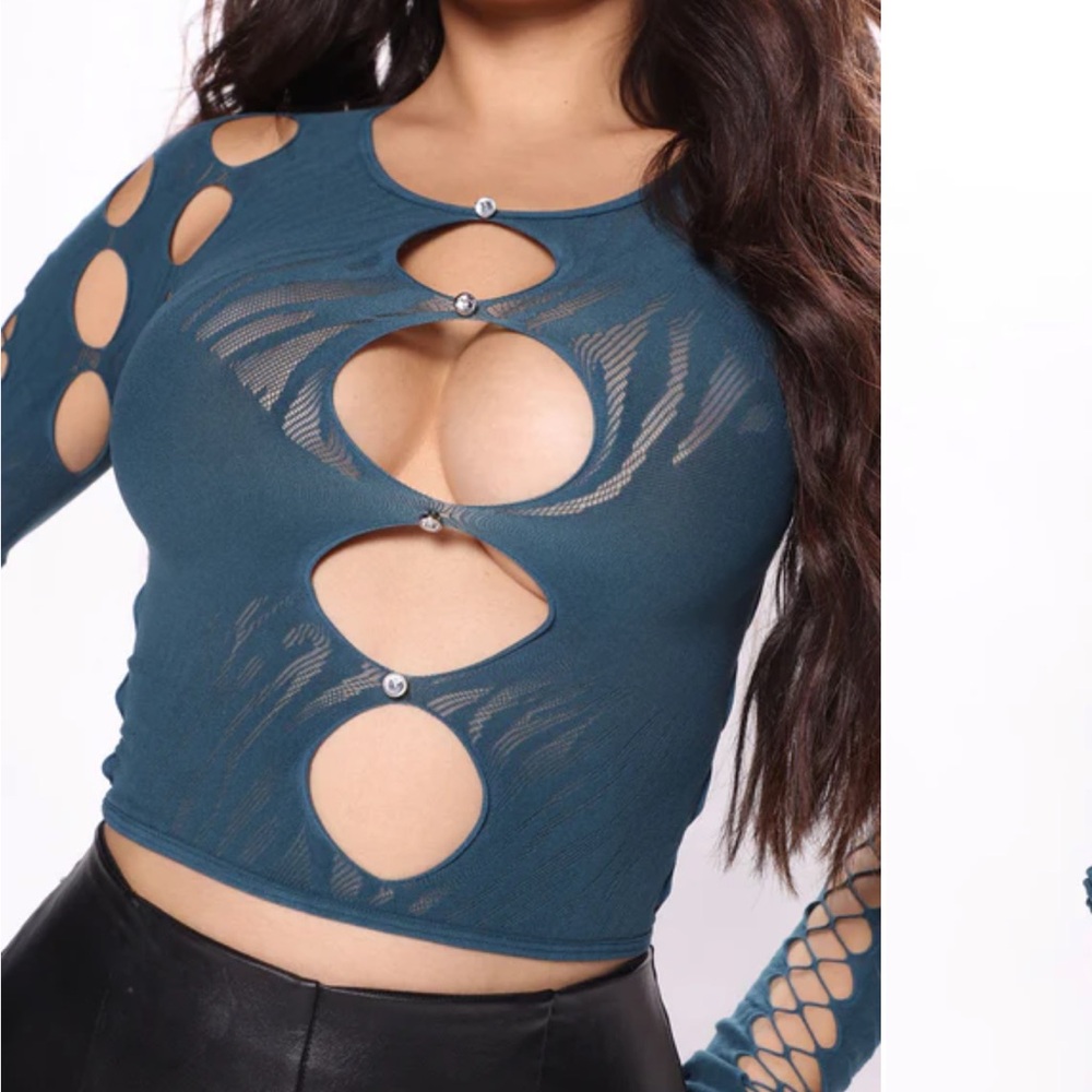 Fashion Nova Dark Teal Cutout Long Sleeve Top